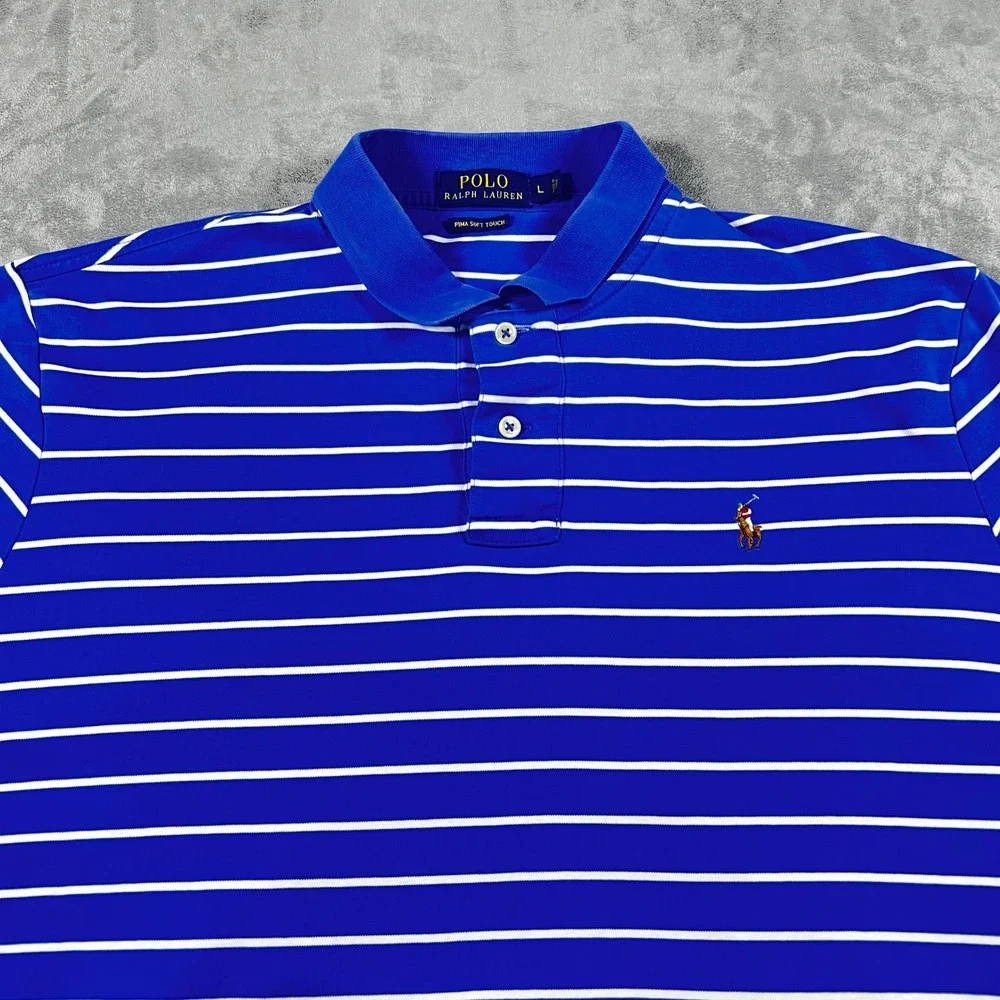 Polo Ralph Lauren Pima Soft Touch Polo Shirt Mens Large Blue White‎ Stripe